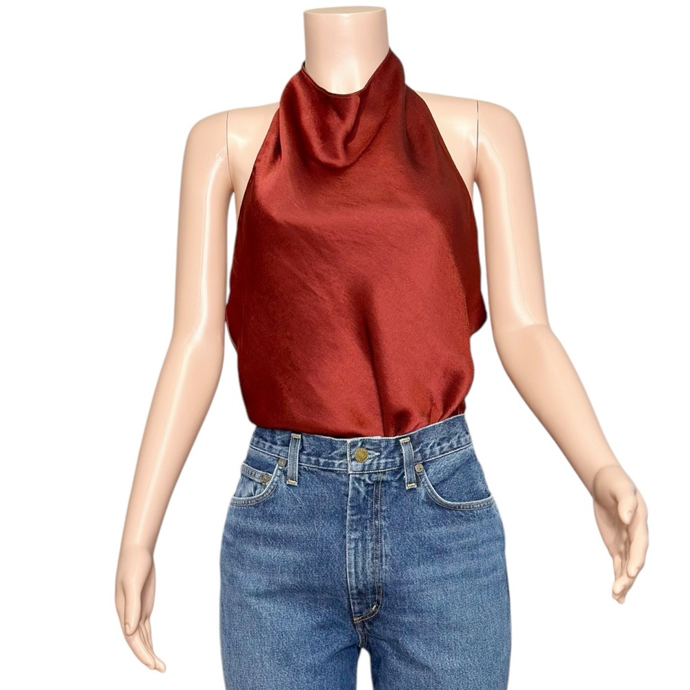 VINCE. Draped Satin Halter Blouse, Red, Medium - Picture 7 of 13